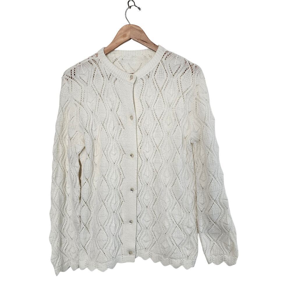 Vintage Knit Cardigan Womens Med White Cottage Button Neutral Sheer Granny Retro